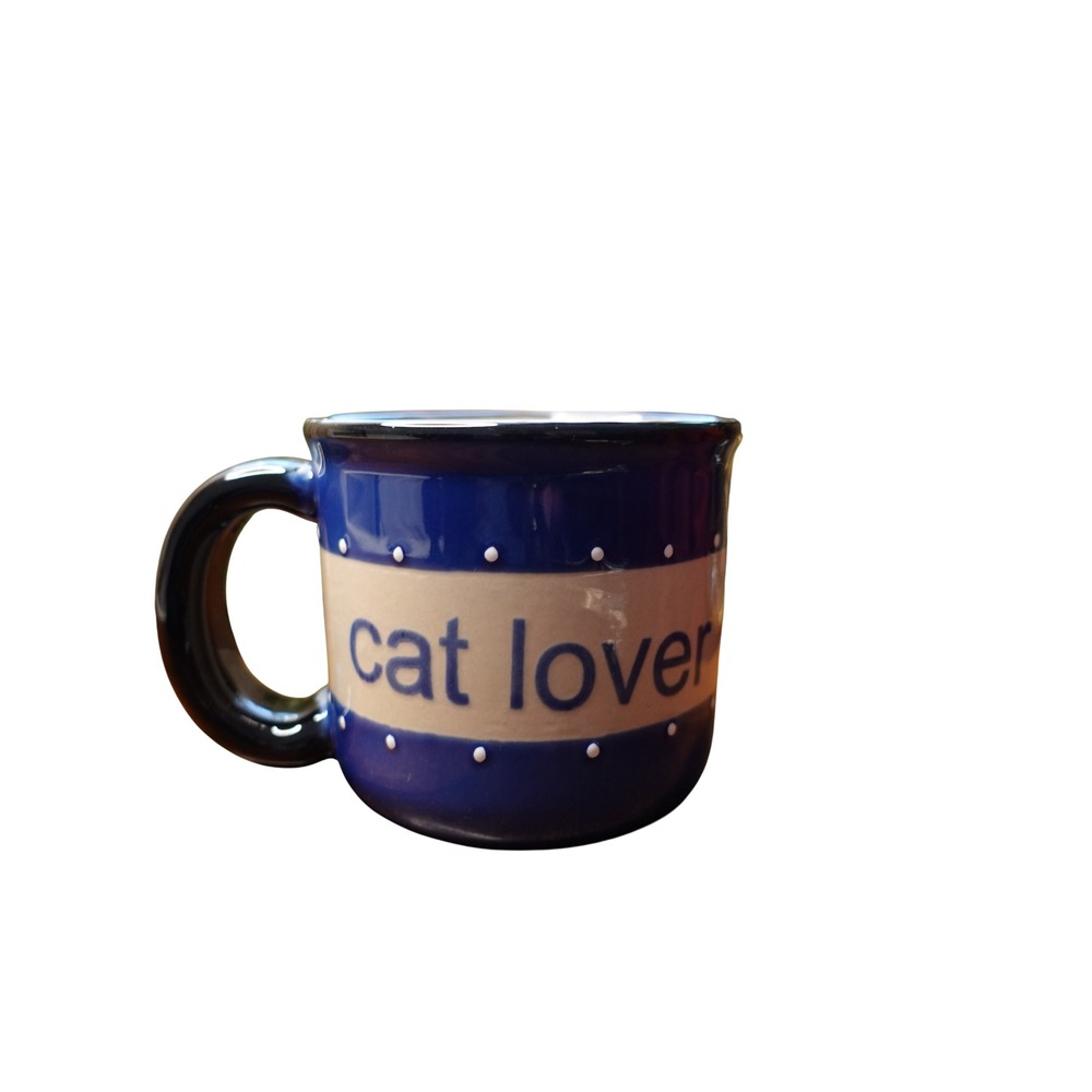 Cat‎ Lover Coffee Mug Novelty Tea Cup Ceramic Blue White Dots